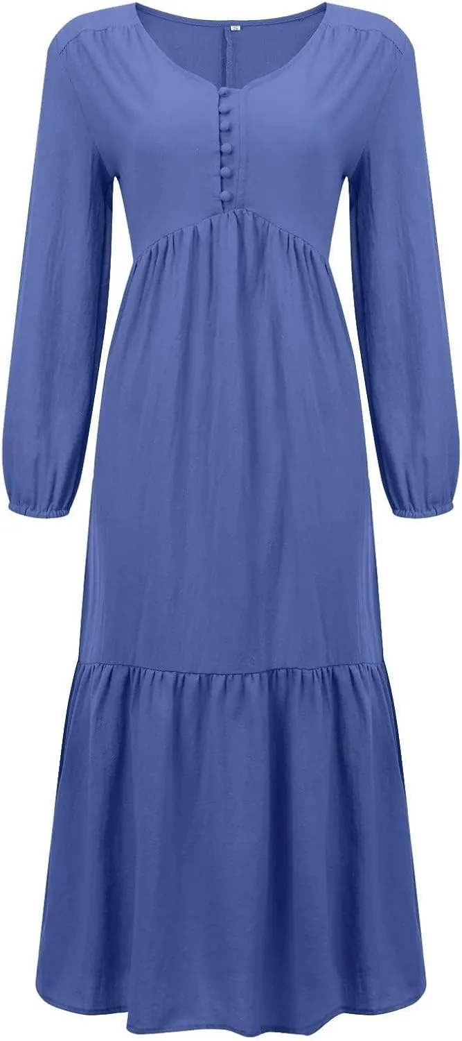 Womens Linen Dresses Casual Loose Button V Neck Pleated Dress Trendy Ruffle Tiered Long Sleeve Maxi Dress
