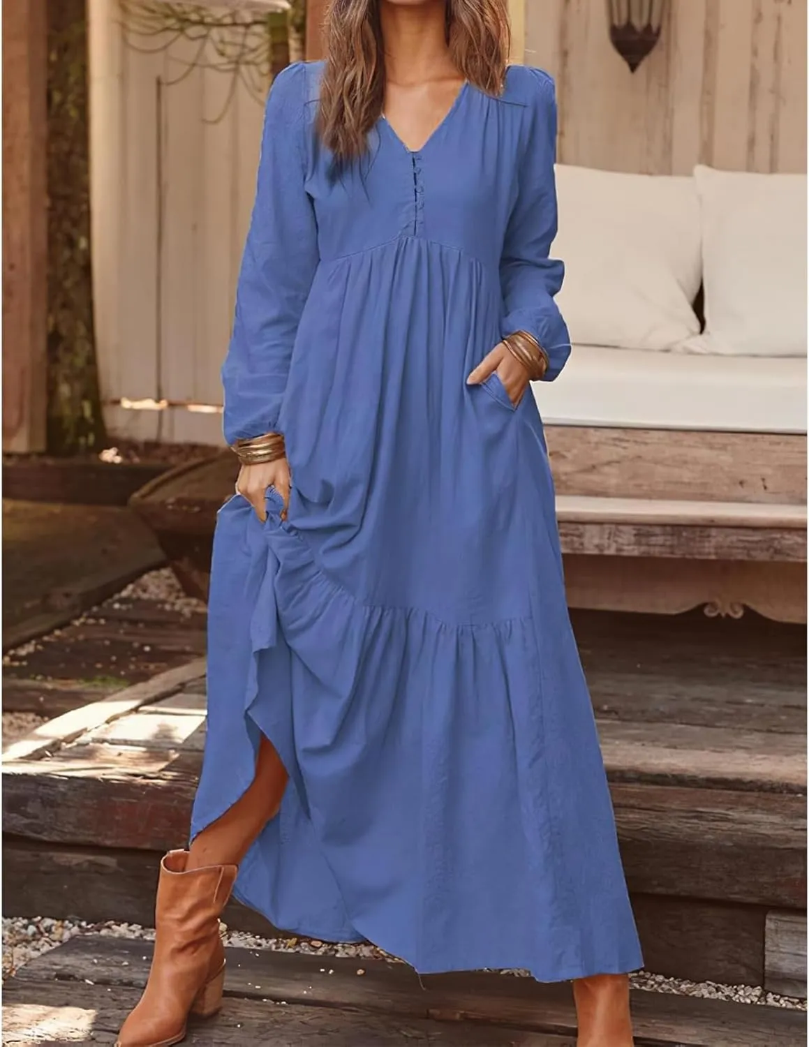 Womens Linen Dresses Casual Loose Button V Neck Pleated Dress Trendy Ruffle Tiered Long Sleeve Maxi Dress