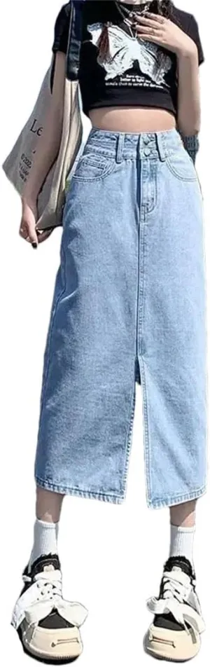 Women's Loose-Fit High-Waisted Vintage Denim Skirt A- Line Bodycon Side Slit Semi Circular Skirt