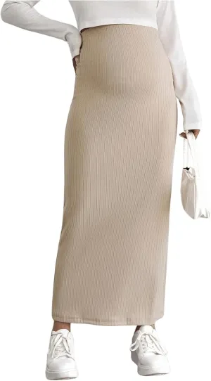 Women's Maternity High Waist Over The Belly Midi Maternity Pencil Skirt Split Hem Bodycon Skirt