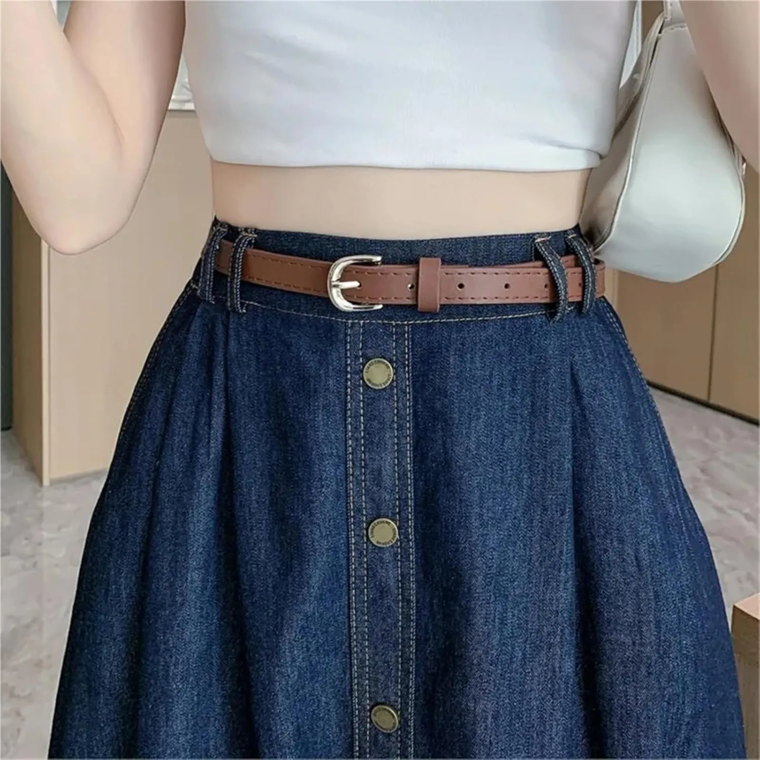 Women's Maxi Long Skirt  Summer Casual High Waisted A-Line Splicing Ruffle Denim Skirt