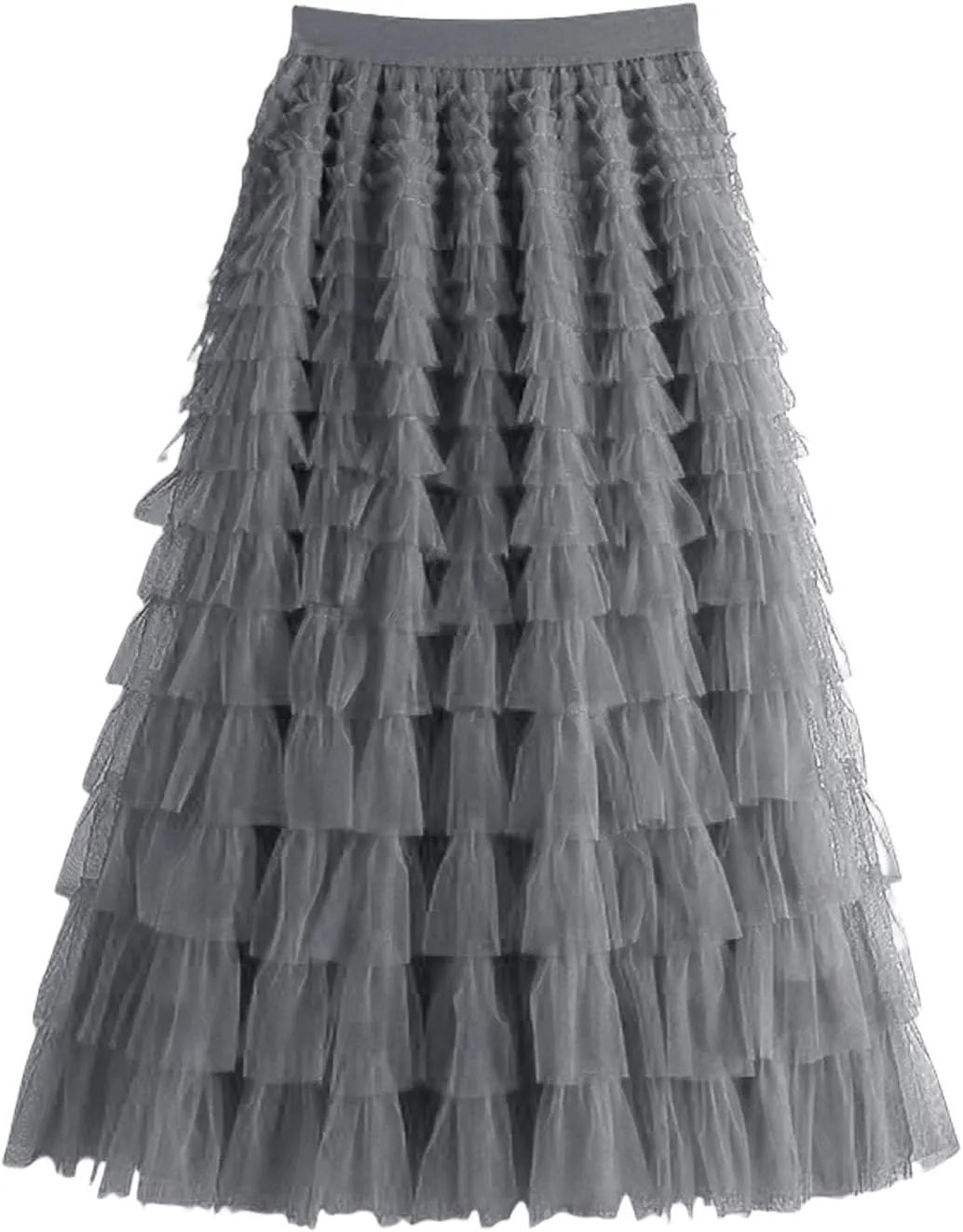 Women's Midi Skirt Elastic High Waist A-Line Ruffle Tiered Layered Mesh Puffy Long Maxi Skirt
