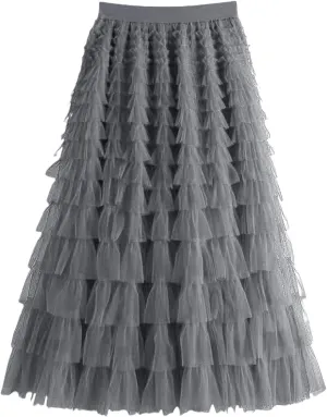 Women's Midi Skirt Elastic High Waist A-Line Ruffle Tiered Layered Mesh Puffy Long Maxi Skirt