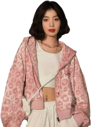 Women's Pink Leopard Zip Up Hoodie Sweatshirt Y2K Aesthetic Cropped Jacket Fairy Grunge Oversized Pullover Coat
