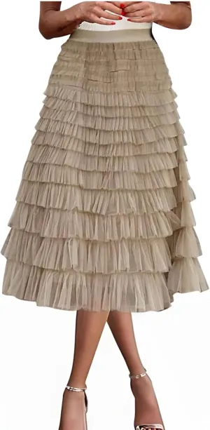 Women's Ruffle Layered Midi Skirts High Waist Elegant Mid Calf Length Skirt Solid A Line Cake Skirts Work Outfits