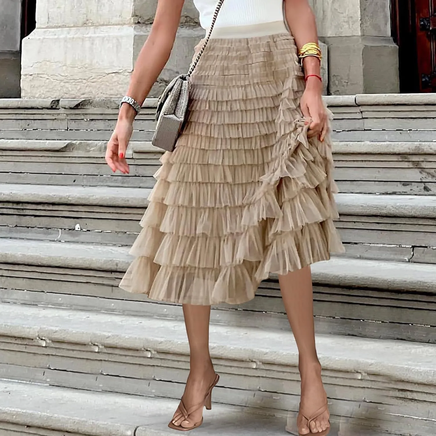 Women's Ruffle Layered Midi Skirts High Waist Elegant Mid Calf Length Skirt Solid A Line Cake Skirts Work Outfits