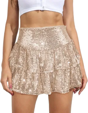 Womens Sequin Mini Skirt with Shorts Layered Ruffle High Waist Flowy Sparkly Glitter Skirt
