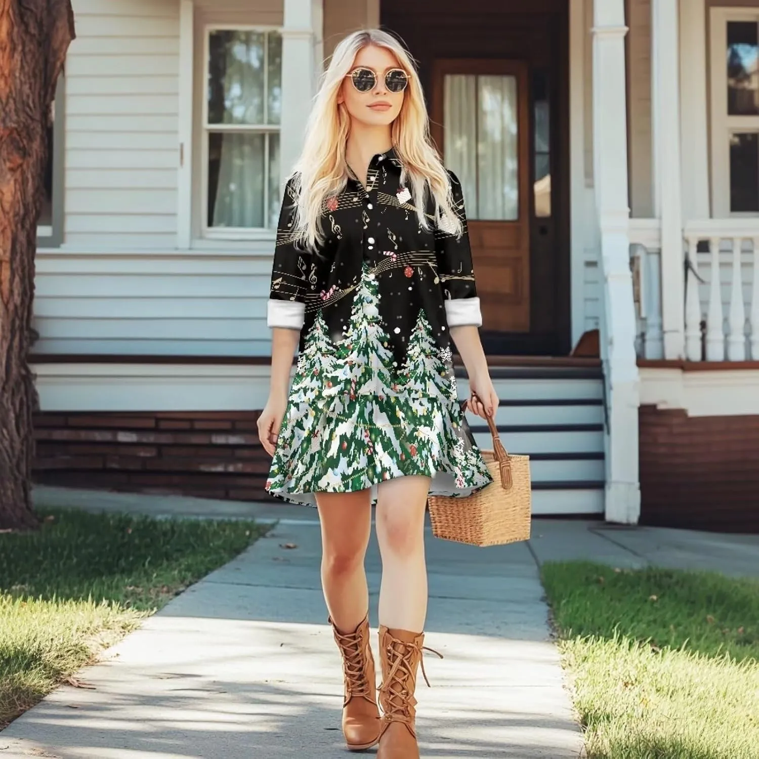 Women's Shirt Dress Long Sleeve Button Down Tunic Ruffle Shift Mini Dresses Loose Casual Work Dresses with Pockets