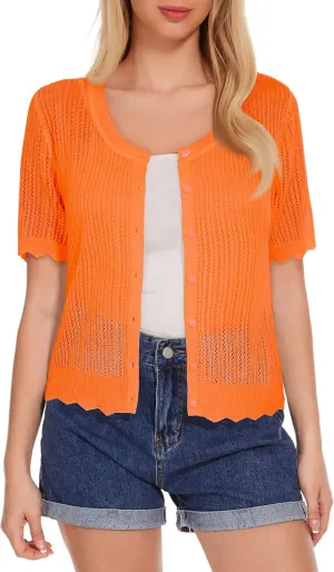 Women's Short Sleeve Summer Hollow Out Crew Neck Button Down Cardigan Sweater