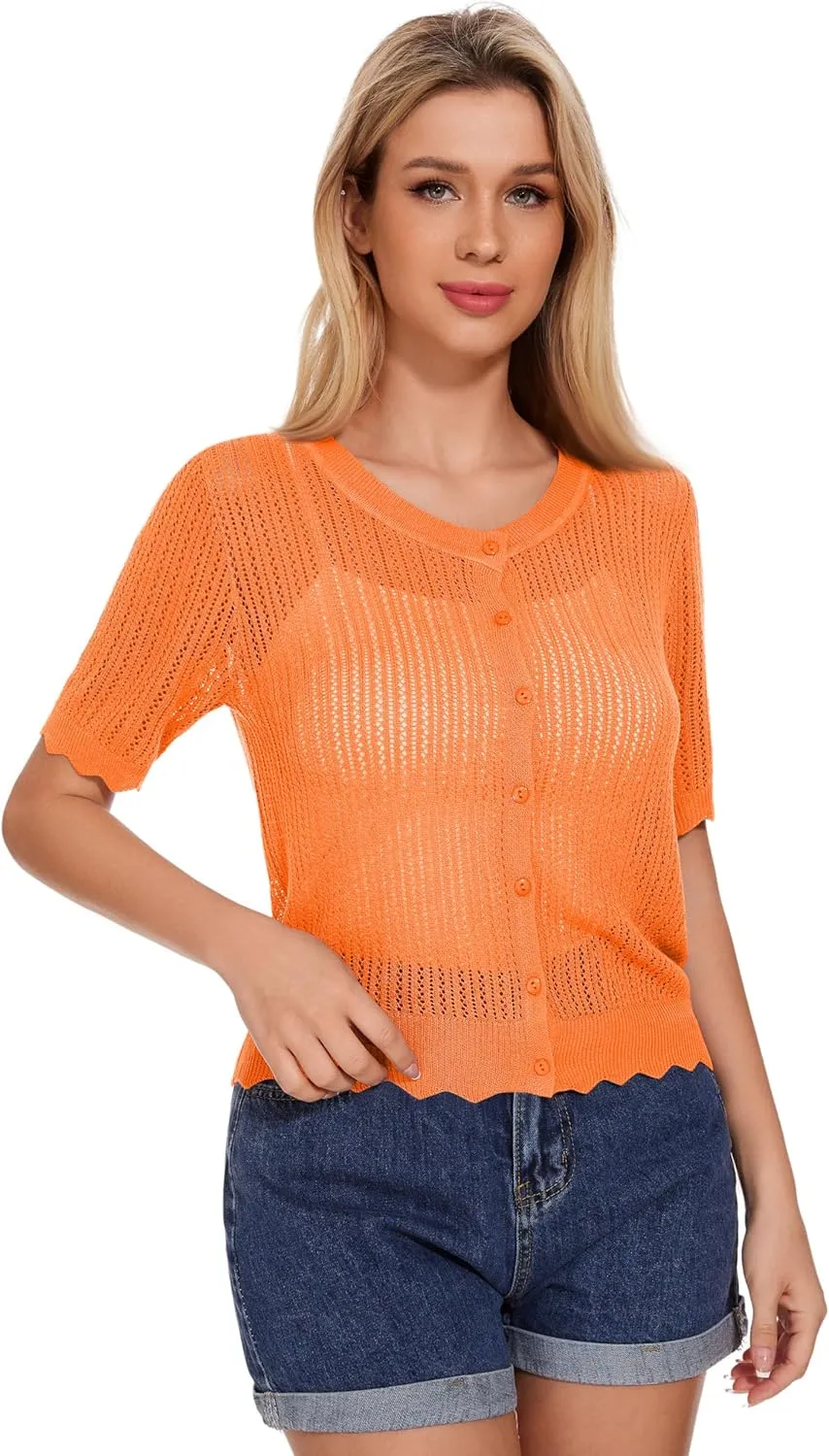 Women's Short Sleeve Summer Hollow Out Crew Neck Button Down Cardigan Sweater