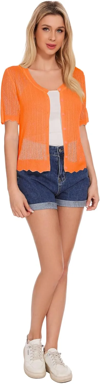 Women's Short Sleeve Summer Hollow Out Crew Neck Button Down Cardigan Sweater