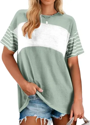 Womens Short Sleeve Tops, Color Block Striped Shirts for Women, Crewneck Oversize Blouses, Casual Summer Tops Women