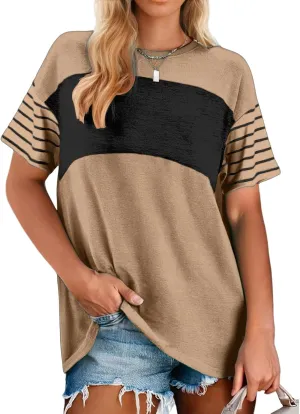 Womens Short Sleeve Tops, Color Block Striped Shirts for Women, Crewneck Oversize Blouses, Casual Summer Tops Women