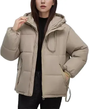 Women's Solid Color Zipper Pockets Parka Coat Vintage Hooded Short Cotton-Padded Jacket