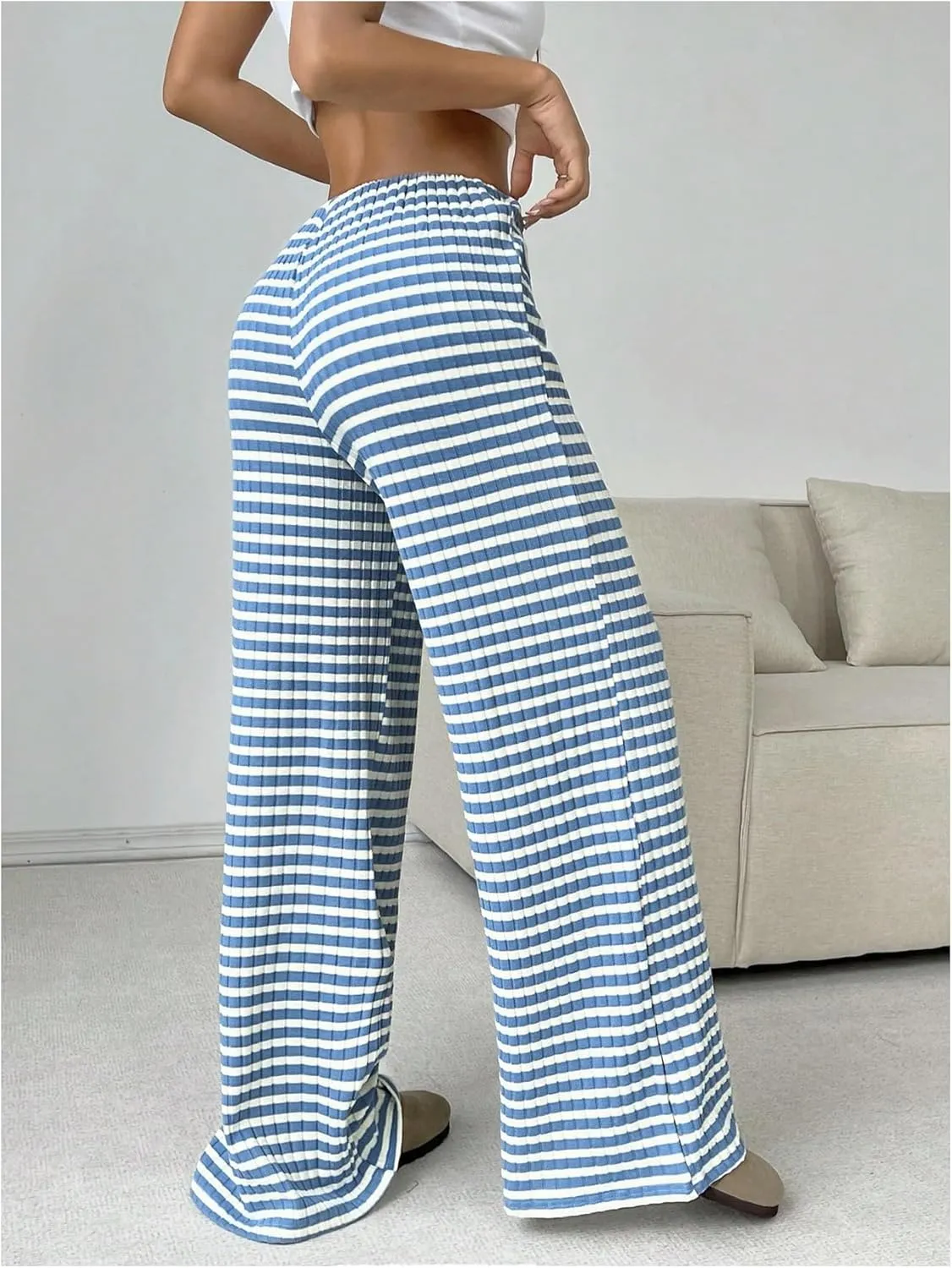Women's Striped Pants Elastic Waist Knit Pants Wide Leg Pants Baggy Loose Drawstring Palazzo Trousers Lounge Pant