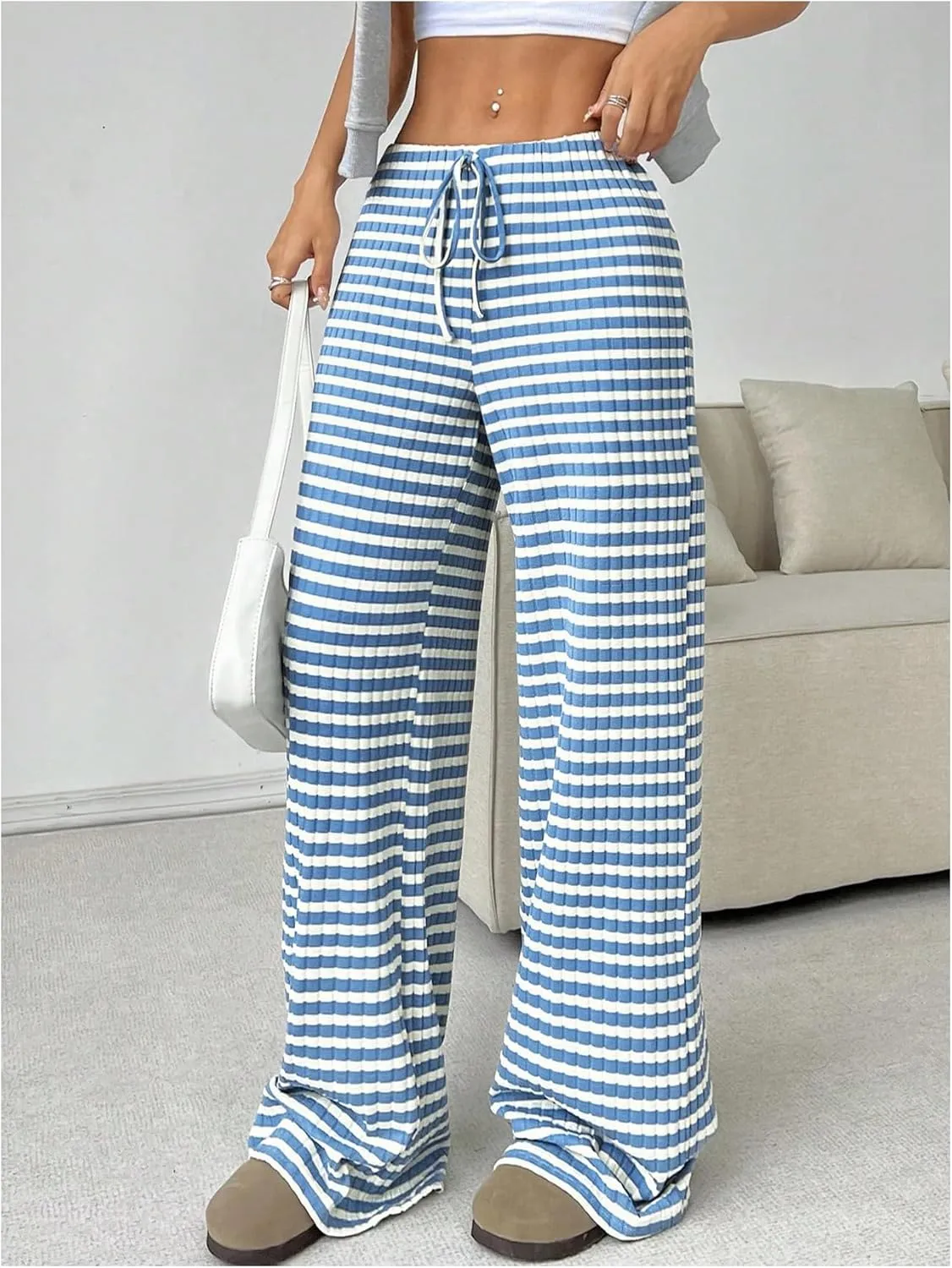 Women's Striped Pants Elastic Waist Knit Pants Wide Leg Pants Baggy Loose Drawstring Palazzo Trousers Lounge Pant