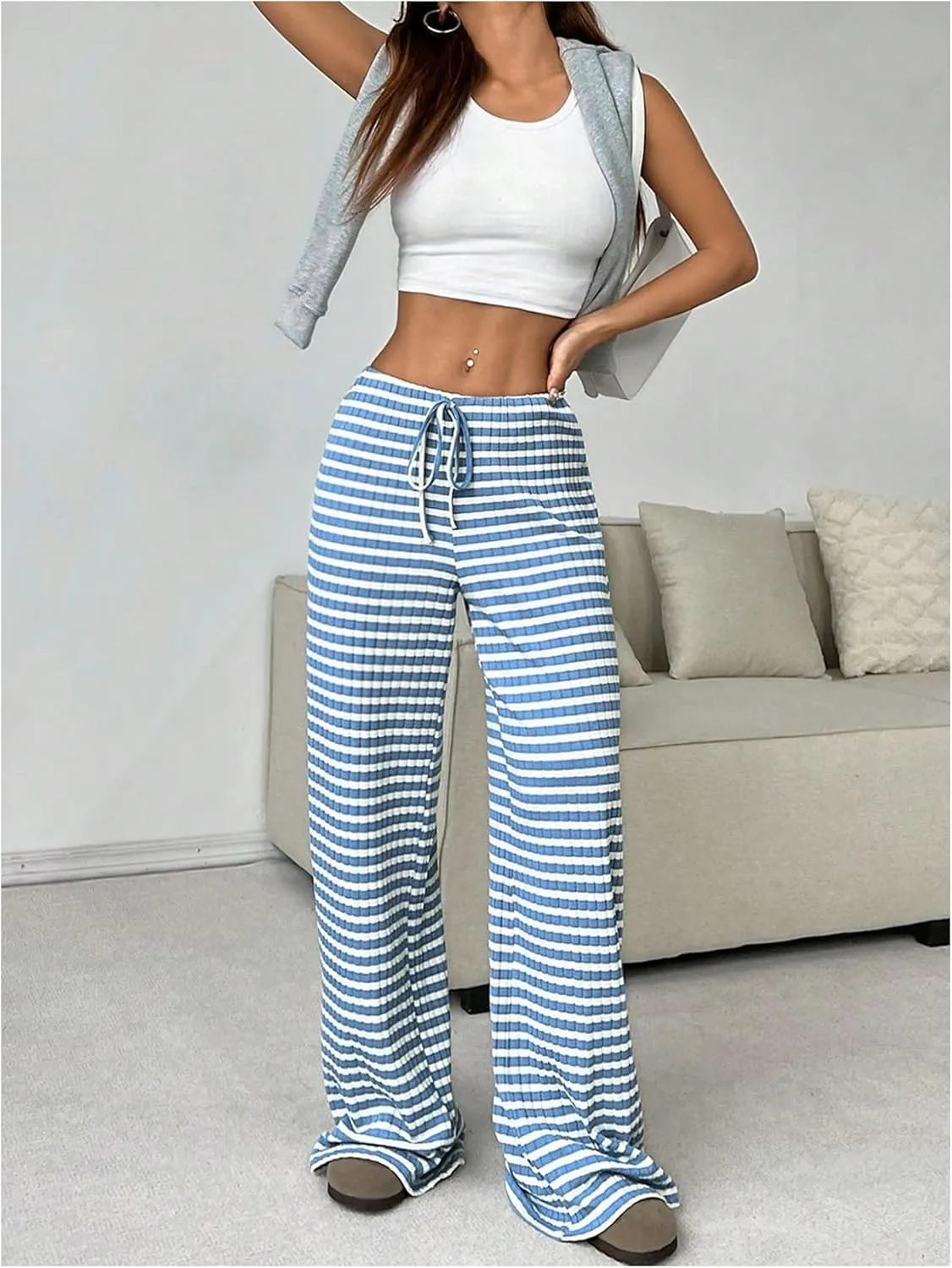 Women's Striped Pants Elastic Waist Knit Pants Wide Leg Pants Baggy Loose Drawstring Palazzo Trousers Lounge Pant