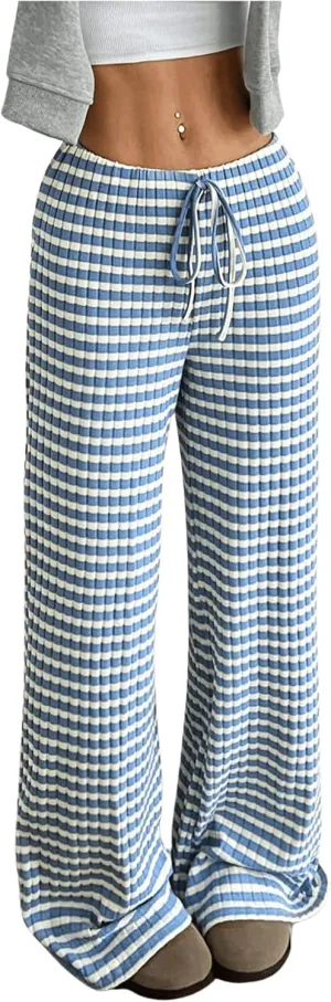Women's Striped Pants Elastic Waist Knit Pants Wide Leg Pants Baggy Loose Drawstring Palazzo Trousers Lounge Pant