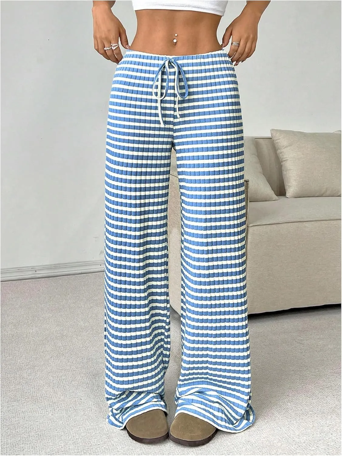 Women's Striped Pants Elastic Waist Knit Pants Wide Leg Pants Baggy Loose Drawstring Palazzo Trousers Lounge Pant