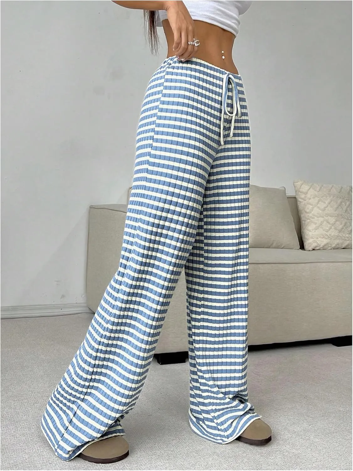 Women's Striped Pants Elastic Waist Knit Pants Wide Leg Pants Baggy Loose Drawstring Palazzo Trousers Lounge Pant