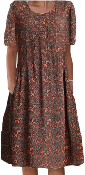 Womens Summer Boho Dress Beach Vacation Casual Loose Floral Plus Size Cotton Midi Dress with Pockets
