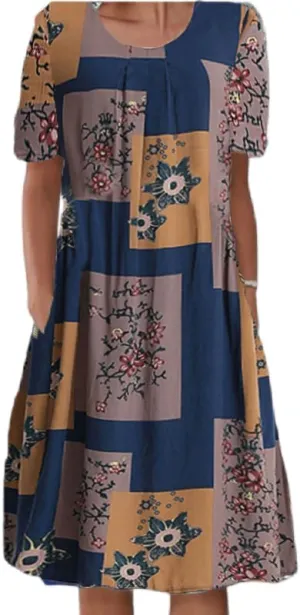 Womens Summer Boho Dress Beach Vacation Casual Loose Floral Plus Size Cotton Midi Dress with Pockets