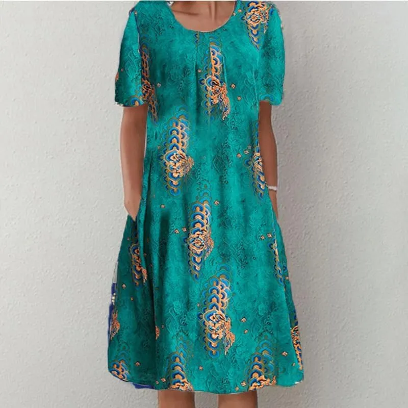 Womens Summer Boho Dress Beach Vacation Casual Loose Floral Plus Size Cotton Midi Dress with Pockets