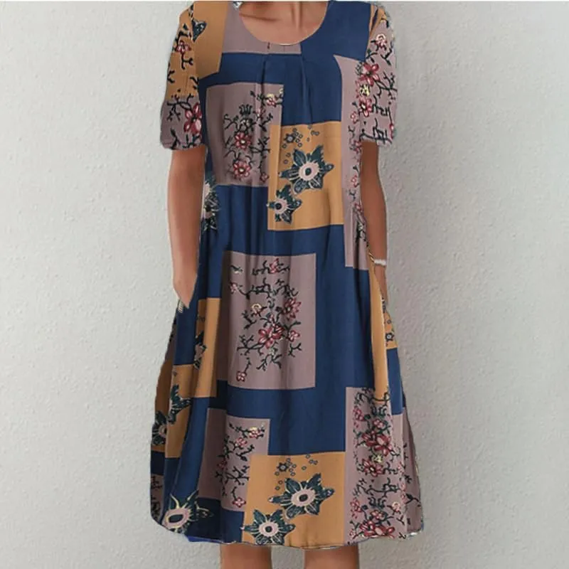 Womens Summer Boho Dress Beach Vacation Casual Loose Floral Plus Size Cotton Midi Dress with Pockets