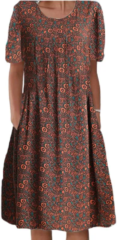 Womens Summer Boho Dress Beach Vacation Casual Loose Floral Plus Size Cotton Midi Dress with Pockets