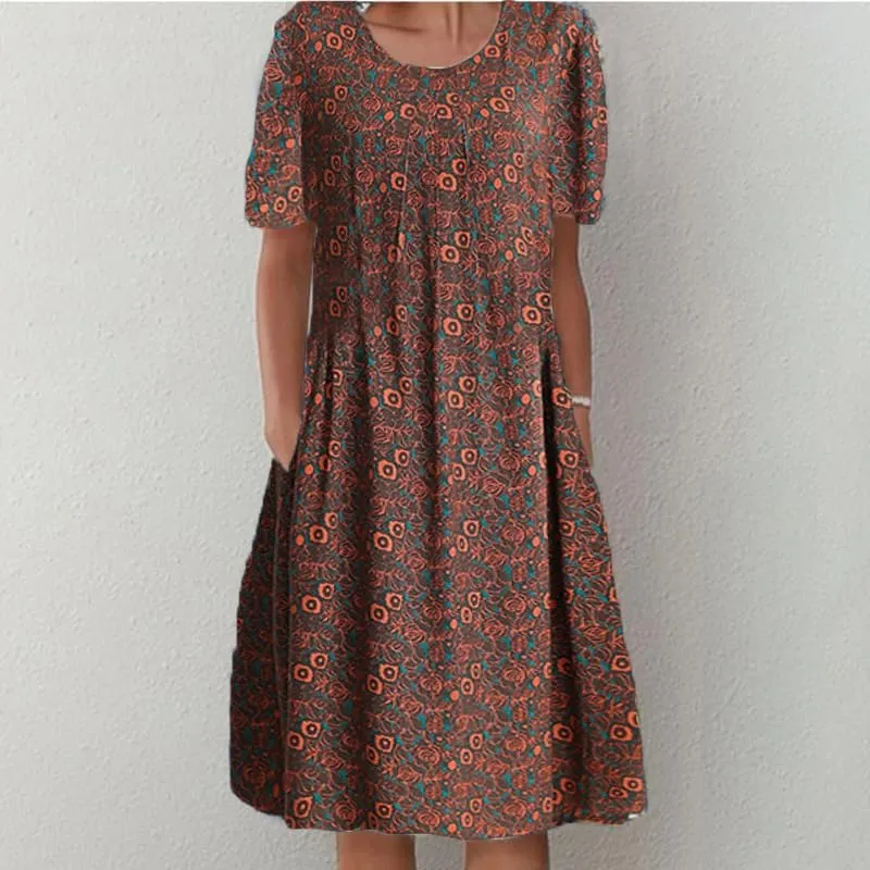 Womens Summer Boho Dress Beach Vacation Casual Loose Floral Plus Size Cotton Midi Dress with Pockets