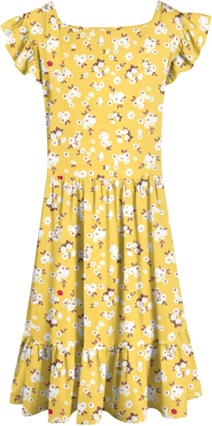 Womens Summer Dress Casual Square Neck Ruffle Tiered Floral Sundress Boho Beach A Line Cute Mini Dress with Pockets