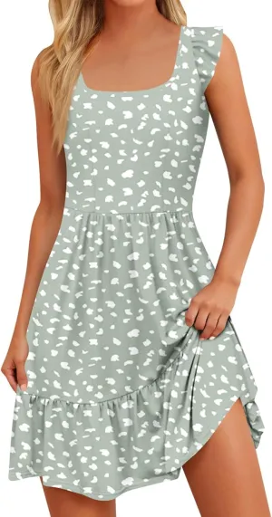 Womens Summer Dress Casual Square Neck Ruffle Tiered Floral Sundress Boho Beach A Line Cute Mini Dress with Pockets