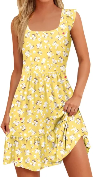 Womens Summer Dress Casual Square Neck Ruffle Tiered Floral Sundress Boho Beach A Line Cute Mini Dress with Pockets