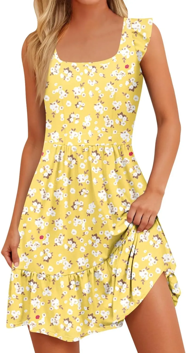Womens Summer Dress Casual Square Neck Ruffle Tiered Floral Sundress Boho Beach A Line Cute Mini Dress with Pockets