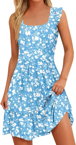 Womens Summer Dress Casual Square Neck Ruffle Tiered Floral Sundress Boho Beach A Line Cute Mini Dress with Pockets