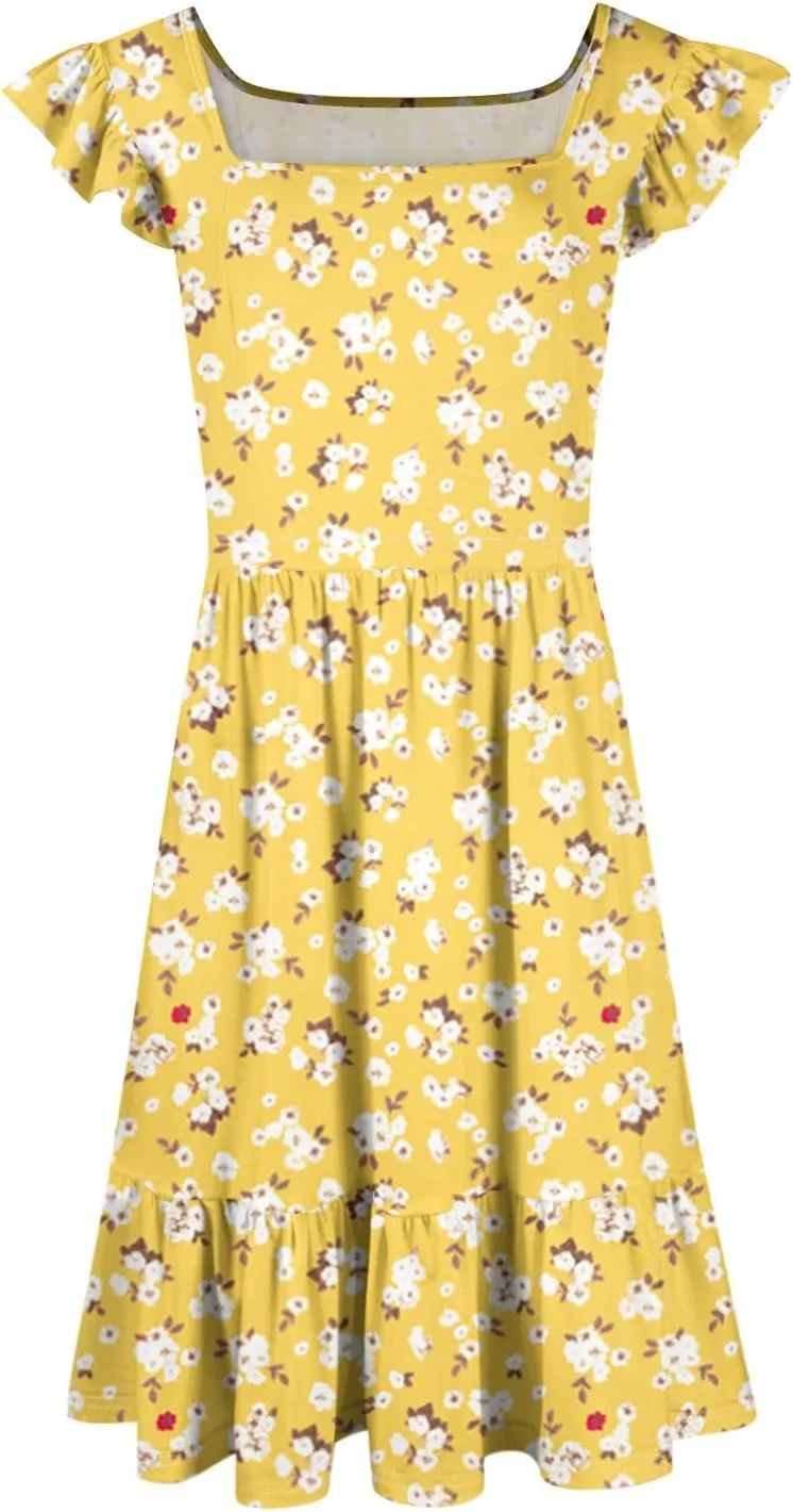 Womens Summer Dress Casual Square Neck Ruffle Tiered Floral Sundress Boho Beach A Line Cute Mini Dress with Pockets