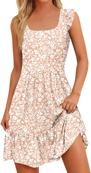 Womens Summer Dress Casual Square Neck Ruffle Tiered Floral Sundress Boho Beach A Line Cute Mini Dress with Pockets