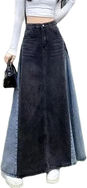 Women's Vintage Denim Skirt  High-Waisted Slimming Loose Fit Plus Size High Waisted Maxi Skirts