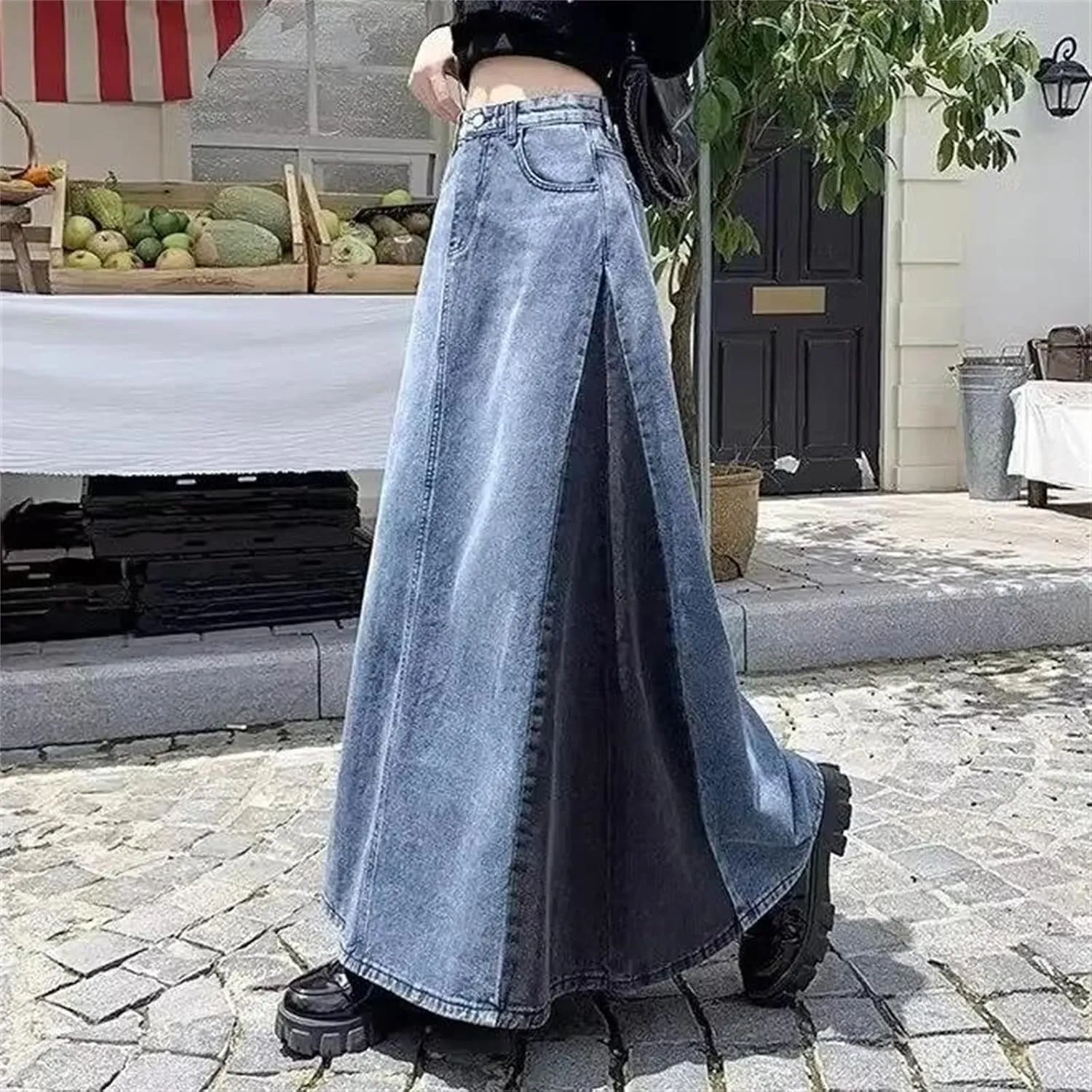 Women's Vintage Denim Skirt  High-Waisted Slimming Loose Fit Plus Size High Waisted Maxi Skirts