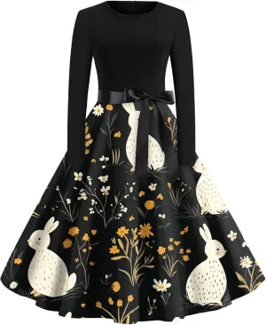 Women's Vintage Easter Egg Print A-Line Dress with Long Sleeves and Belt Perfect for Spring Celebrations