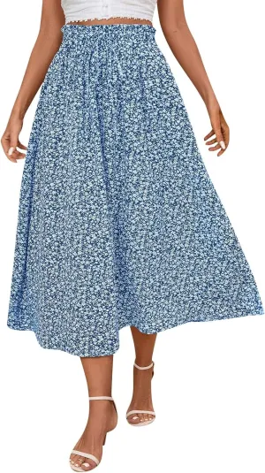 Women's Vintage Elastic Waist A-Line Pleated Loose Long Midi Skirt Solid Color Semi Skirt 2025