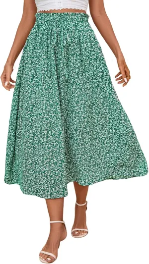 Women's Vintage Elastic Waist A-Line Pleated Loose Long Midi Skirt Solid Color Semi Skirt 2025