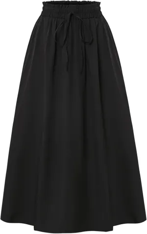 Women's Vintage Elastic Waist A-Line Pleated Loose Long Midi Skirt Solid Color Semi Skirt 2025