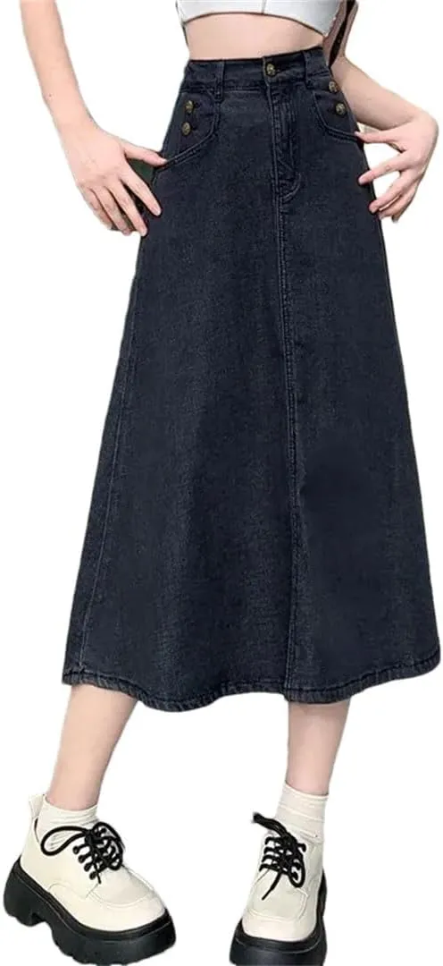 Women's Vintage High-Waisted A- Line Denim Slimming Style Skirt