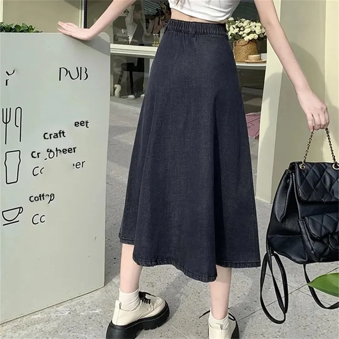 Women's Vintage High-Waisted A- Line Denim Slimming Style Skirt