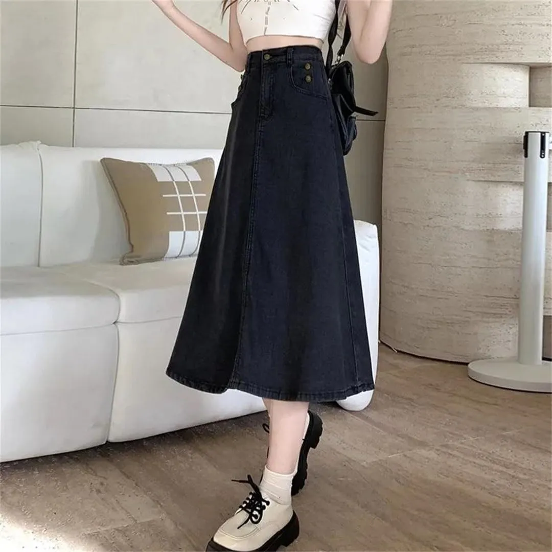 Women's Vintage High-Waisted A- Line Denim Slimming Style Skirt