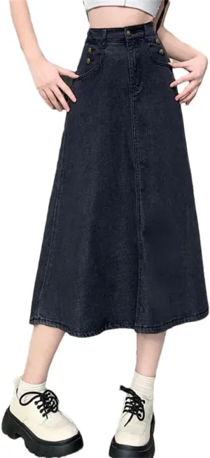 Women's Vintage High-Waisted A- Line Denim Slimming Style Skirt