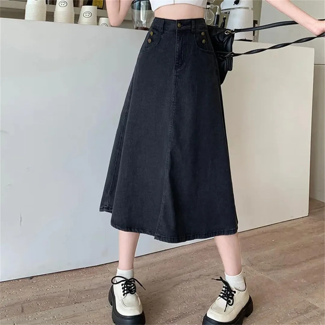 Women's Vintage High-Waisted A- Line Denim Slimming Style Skirt