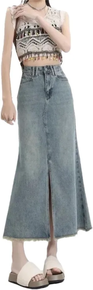 Women's Vintage High-Waisted Fringe Side Slit Denim Petite Slimming Style Belt-Hugging Skirt