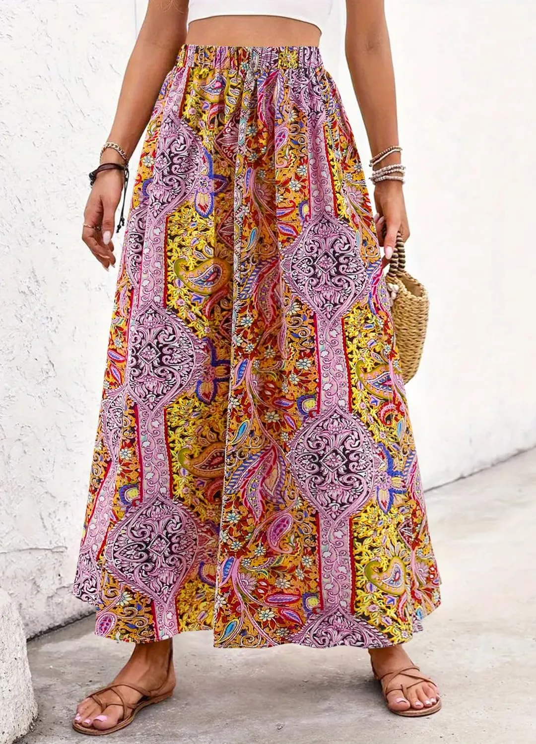 Women's Vintage Paisley Printed A-Line Skirt High Waist Sexy Split Maxi Flowy Midi Skirts for Beach Party Holiday